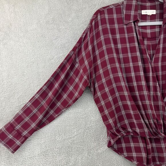 LOFT Lou & Grey Top Womens S Burgundy Plaid Surplice V-Neck Long Sleeves Rushed - Picture 3 of 9